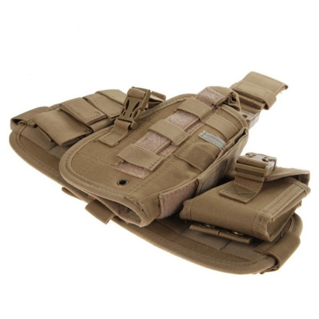 drop leg holster with molle system, including pistol holster, magazine holster, and a small radio pouch.