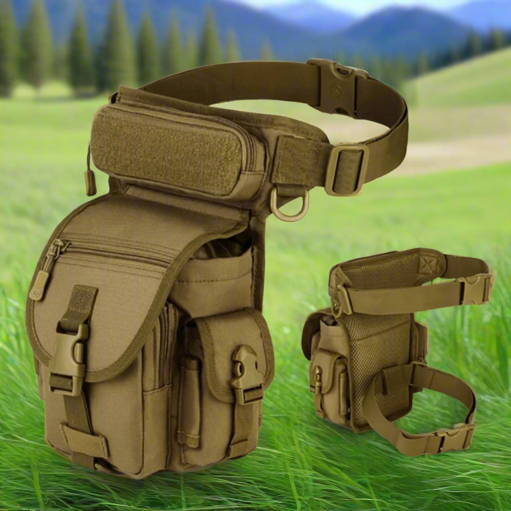 Tactical leg pack and knee pad on a grassy background