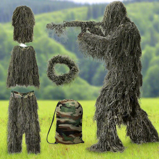 A individual wearing a green ghillie suit in a natural outdoor setting, the suits appear to be made of natural camouflage material.