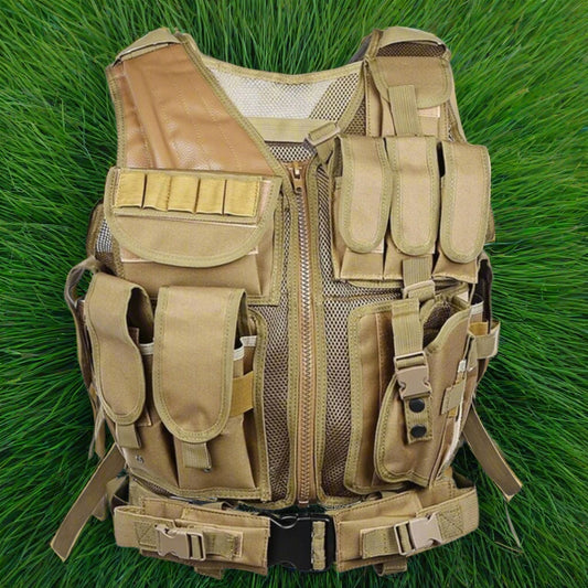 A beige tactical vest with multiple pockets and straps, designed for outdoor activities.