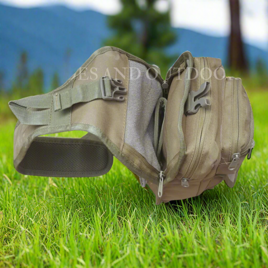 A khaki crossover bag with multiple compartments and zipper closures. It has adjustable straps and appears to be made of canvas material.