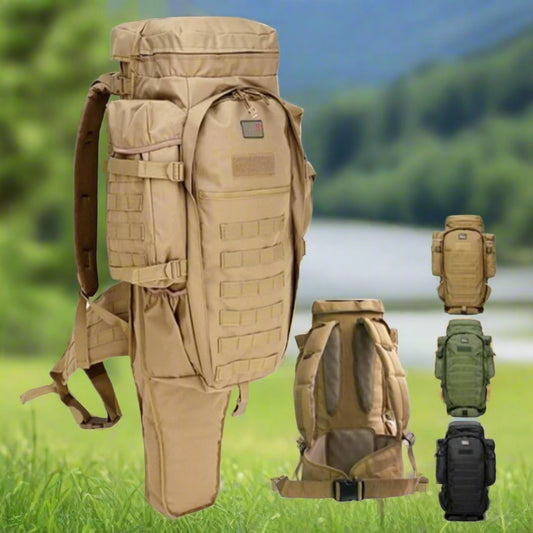 A hunting backpack in beige, green, and black colors, displayed from multiple angles showing the front, side, and back. The backpacks have multiple compartments and are equipped with adjustable straps.