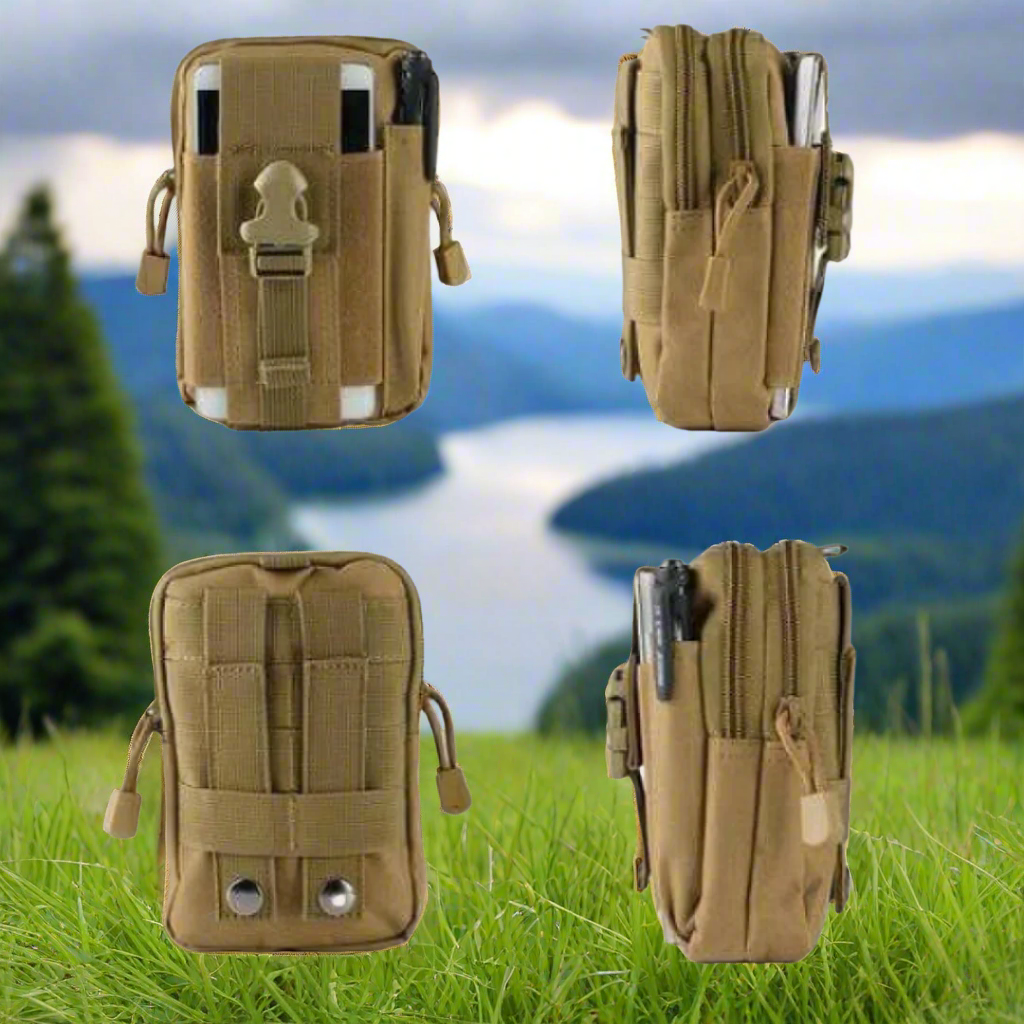 A brown Molle add on pouch with belt clip, displayed from multiple angles showing two zipper compartments and a front cell phone compartment.