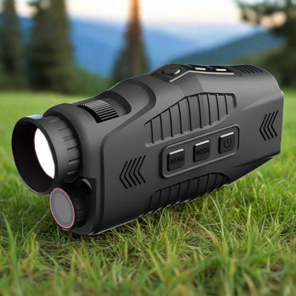 A black monocular night vision device with a 1.54 inch TFT screen, buttons for operation, and an extendable lens.
