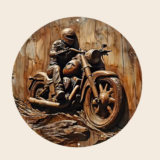 Tin sign - round bike and driver with new helmet
