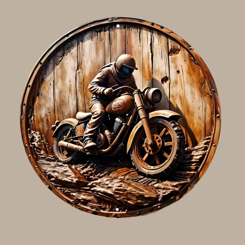 Tin sign - round bike and driver with old helmet