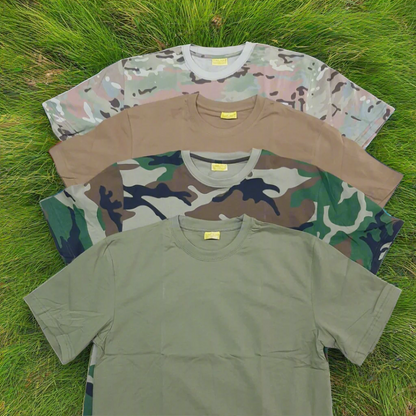 A stack of three t-shirts in different colors and patterns. The top shirt is in a camouflage pattern, the middle shirt is solid brown, and the bottom shirt is solid green.