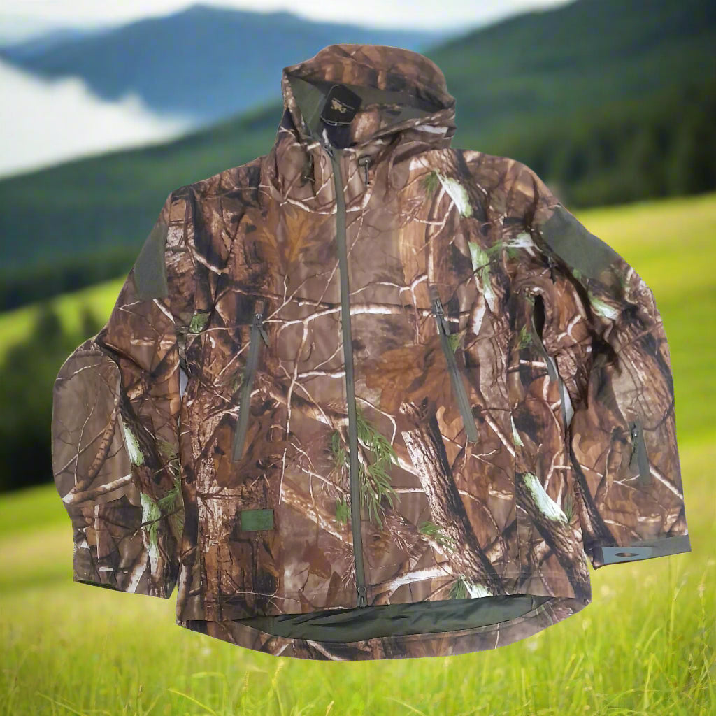 Soft Shell jacket. Jacket has multiple zippers and a hood.