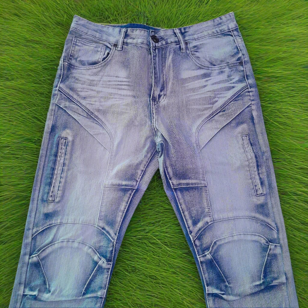 A pair of men's stretchable vintage blue jeans with a stone wash effect, featuring multiple pockets and a slim fit.