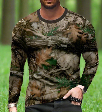 A long sleeve shirt with a bush camouflage pattern, displayed on a male model.