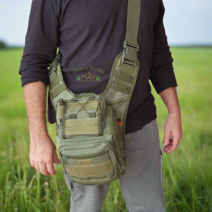 A person wearing a green multifunctional backpack with multiple compartments.