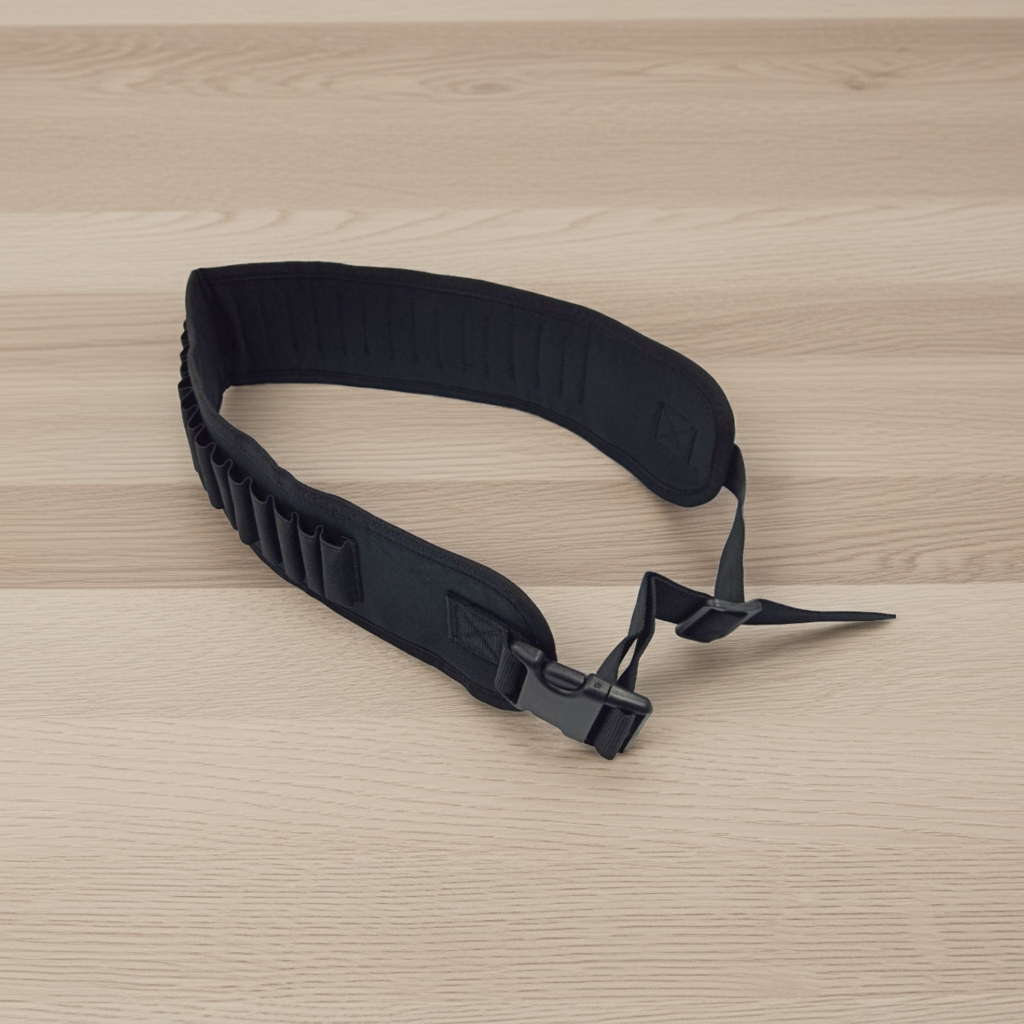 Black rifle sling on a wooden surface