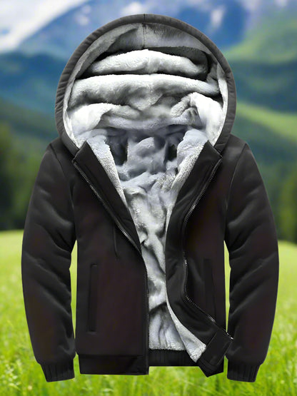 Men's black fleece hooded jacket with long sleeves, zipper front, and pockets.