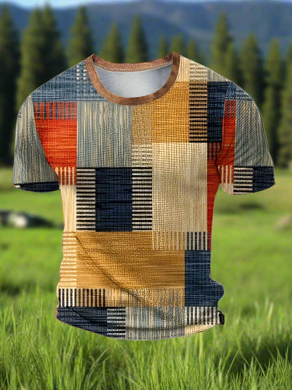 Men's crew neck t-shirt with a geometric block print design in multiple colors.