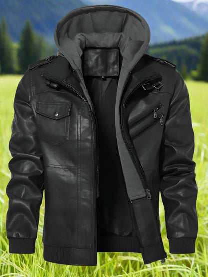 A men's PU leather jacket with a removable gray hoodie, zipper details, and multiple pockets.