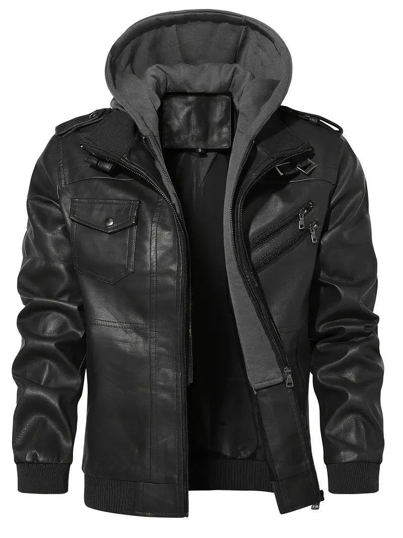 Jacket Men's PU Leather with removable hoodie