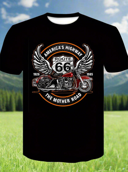 A black t-shirt with a graphic print of a motorcycle and the text 'America's Highway Route 66' along with the phrase 'The Mother Road'.