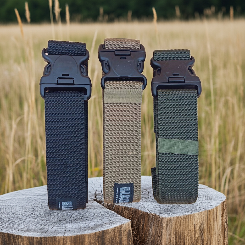 Three tactical belts in black, brown, and green on a wooden stump with a grassy background.