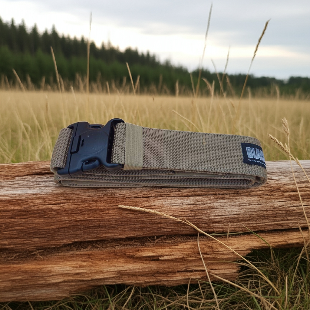 Khaki belt with a plastic buckle on a wooden stump in a field