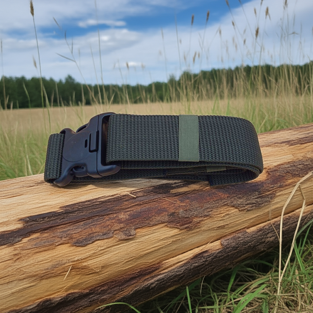 Green belt with a plastic buckle on a wooden stump in a field