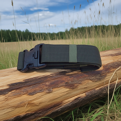 Green belt with a plastic buckle on a wooden stump in a field