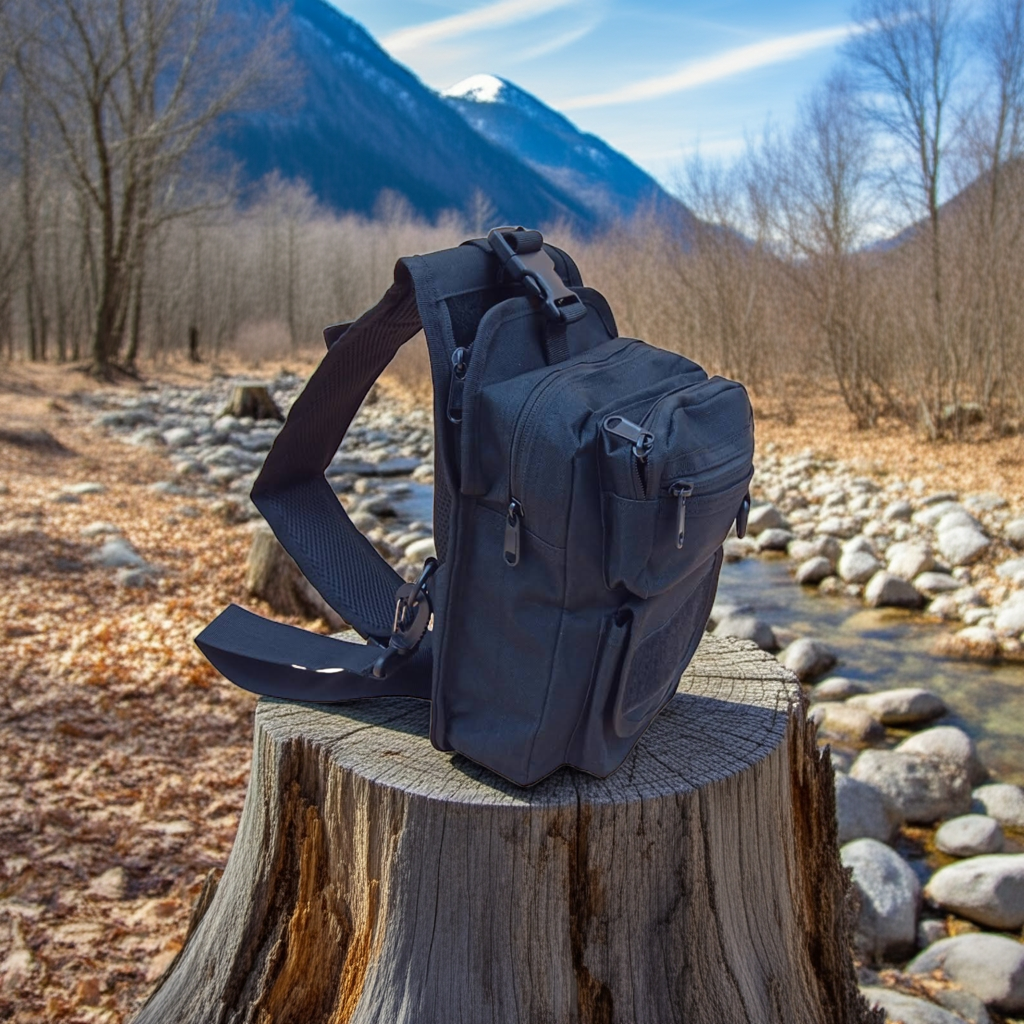 Black cross over bag on a tree stump with a mountain and stream background