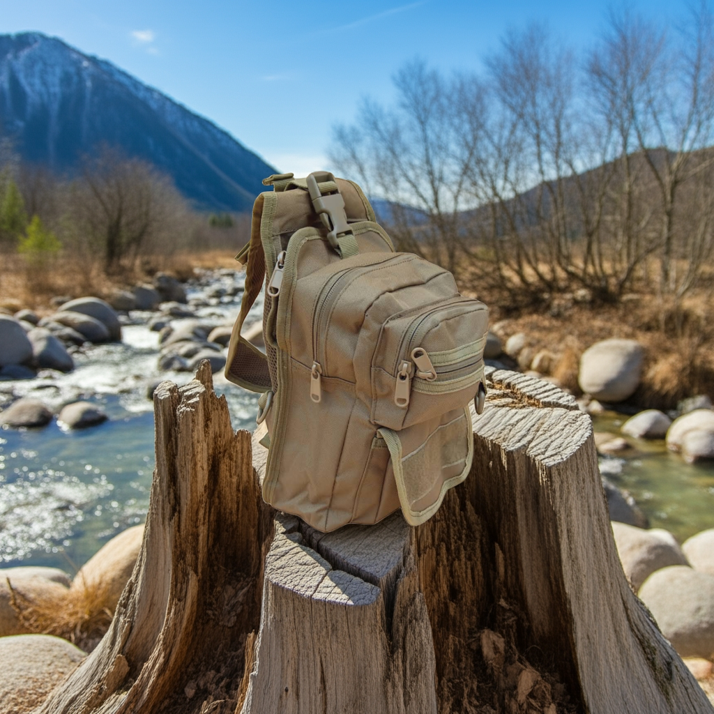 Beige sling bag on a wooden stump with a mountain and river background