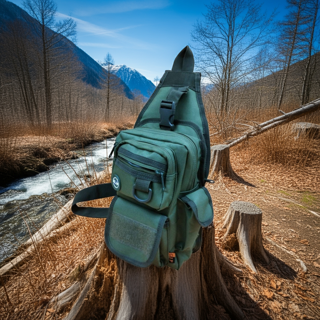 Green sling bag on a tree stump with a mountainous landscape in the background