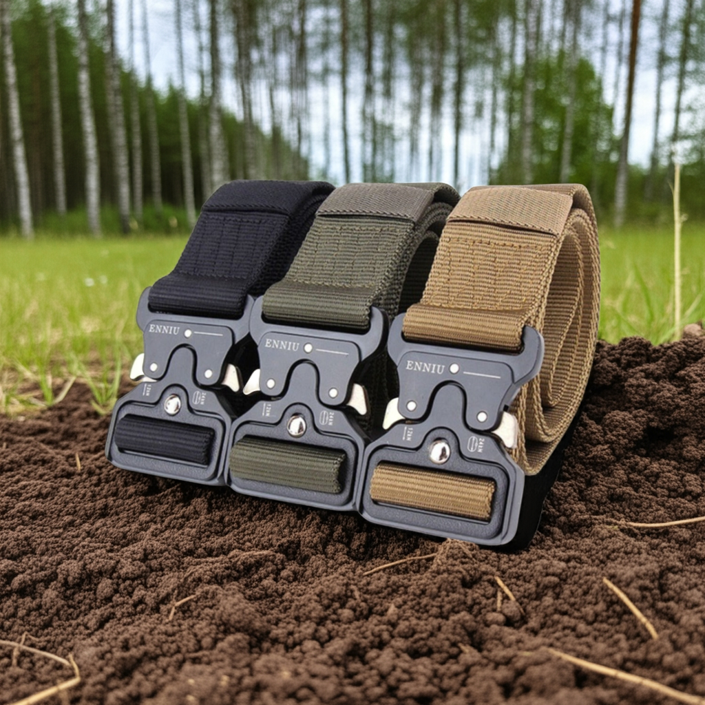 Three tactical belts with different color options on a forest floor 