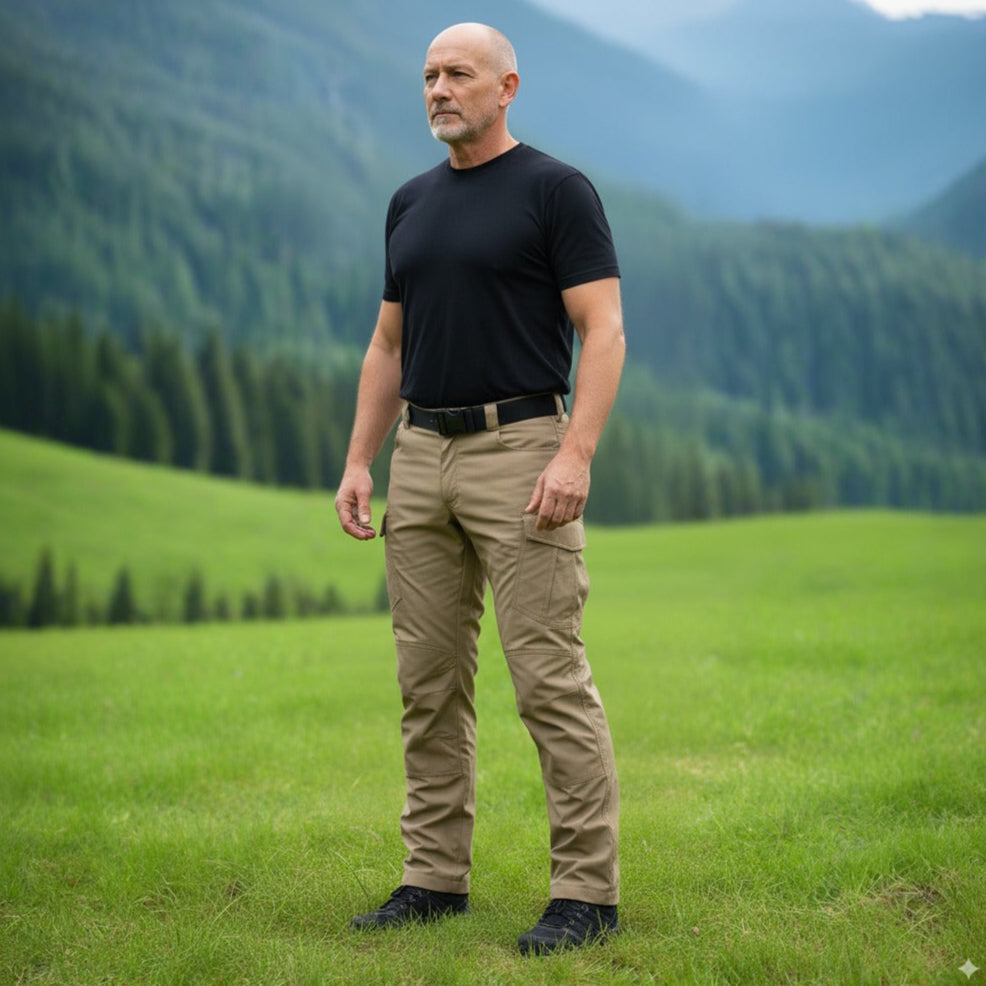 Man standing in a grassy field with mountains in the background. Tactical pants