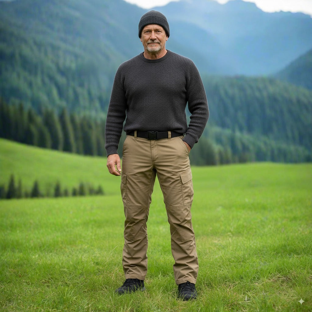 Man standing in a grassy field with mountains in the background. Tactical pants