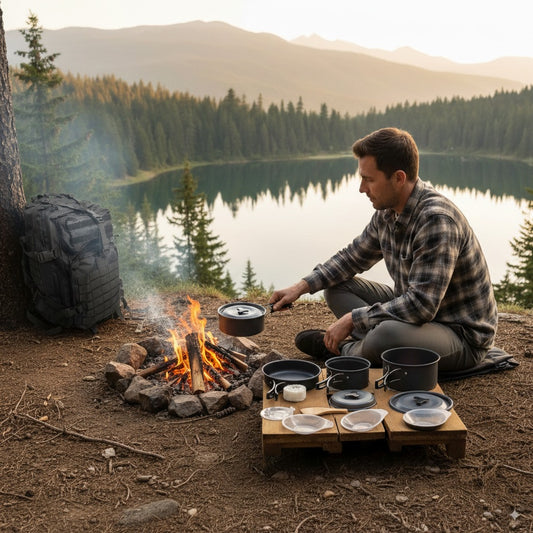 Man camping by a lake, cooking over a campfire with pots and pans.