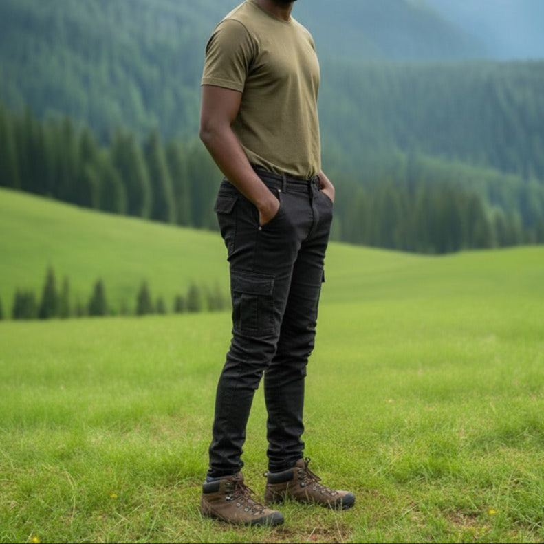Man wearing black 6 pocket jeans, standing in a grassy field with mountains in the background. 