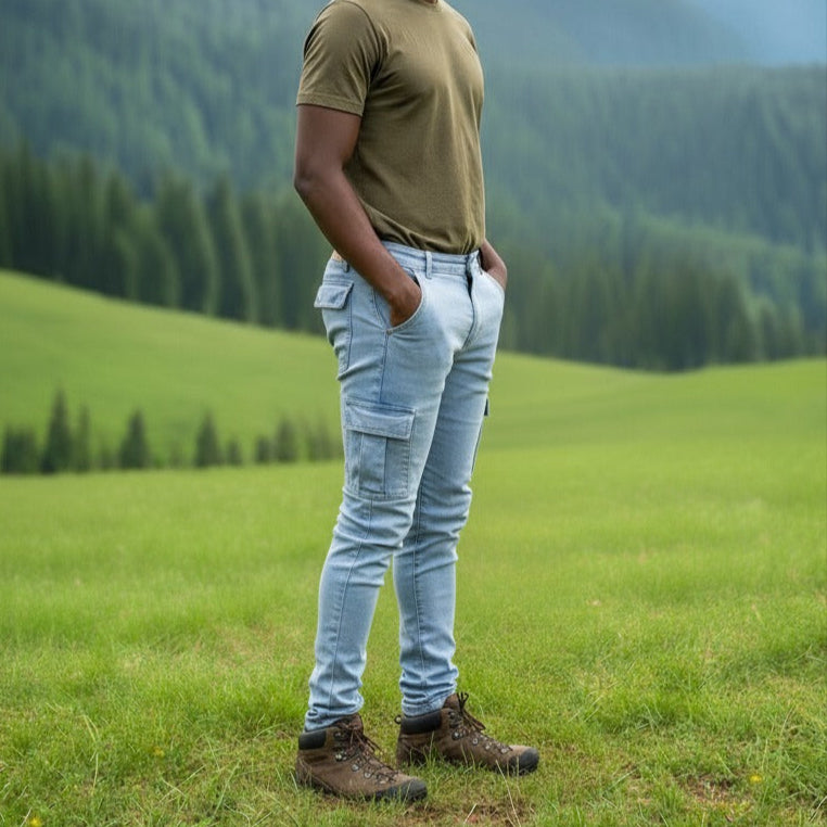 Man wearing a light blue 6 pocket jean, standing in a grassy field with mountains in the background. 