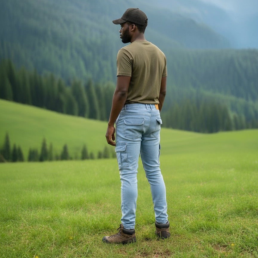 Man wearing a light blue 6 pocket jean, standing in a grassy field with mountains in the background. 