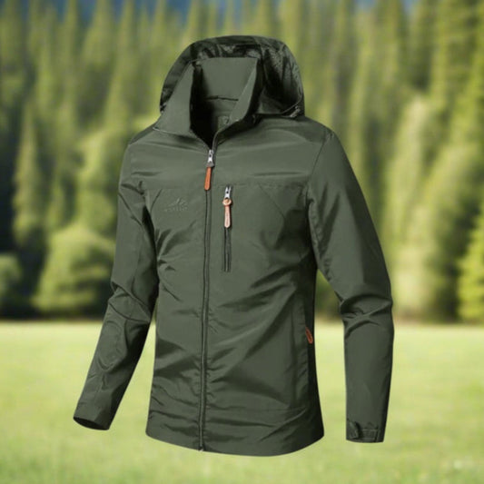 A green soft-shell jacket with a removable hoodie, long sleeves, and a hooded collar. The jacket is zipperpered and appears to be lightweight with space for pockets or branding on the chest area.