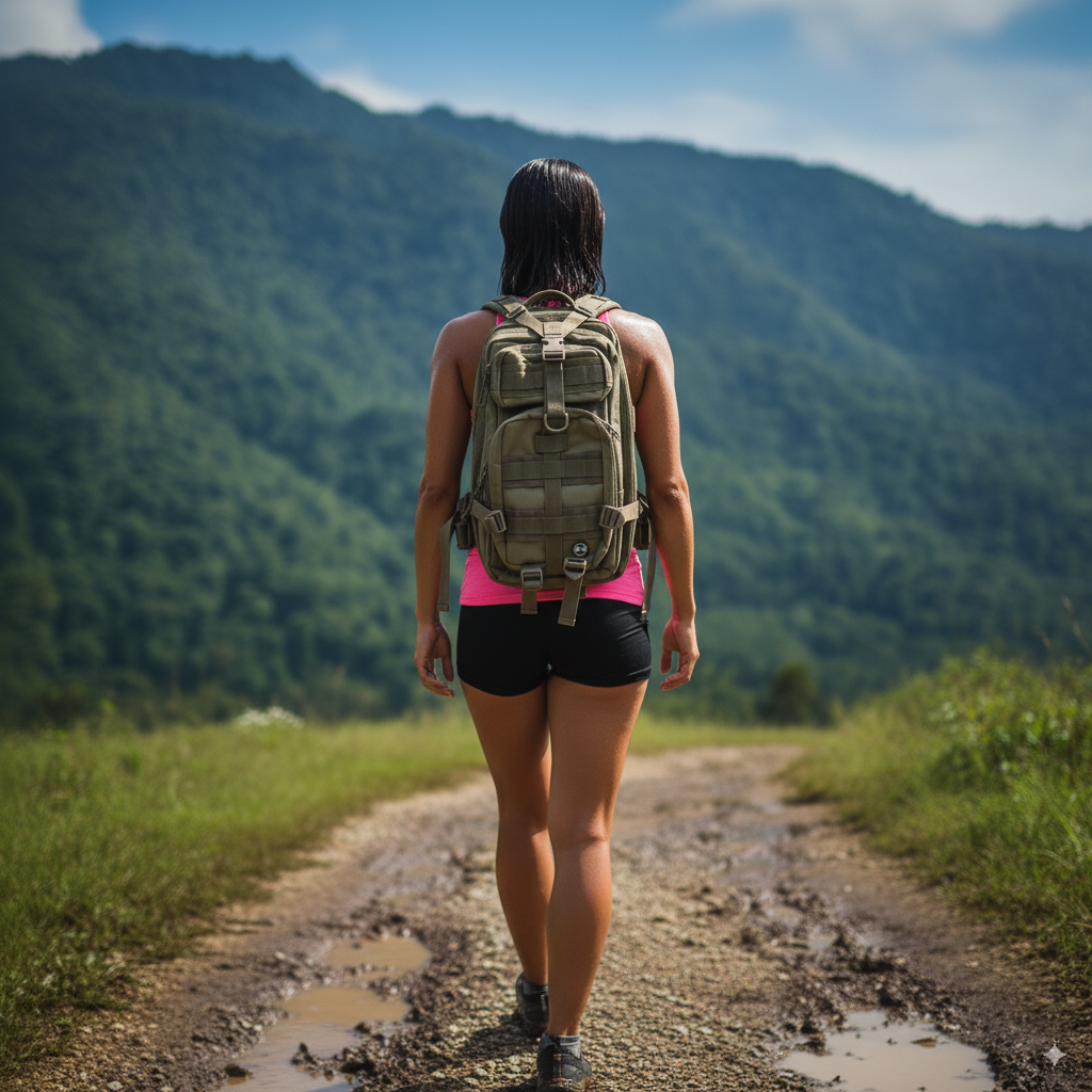 Person with a backpack walking on a dirt path with mountains in the background