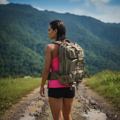 Woman with a backpack standing on a mountain path with greenery and mountains in the background