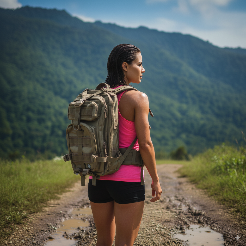 Woman with a large backpack walking on a trail with mountains in the background