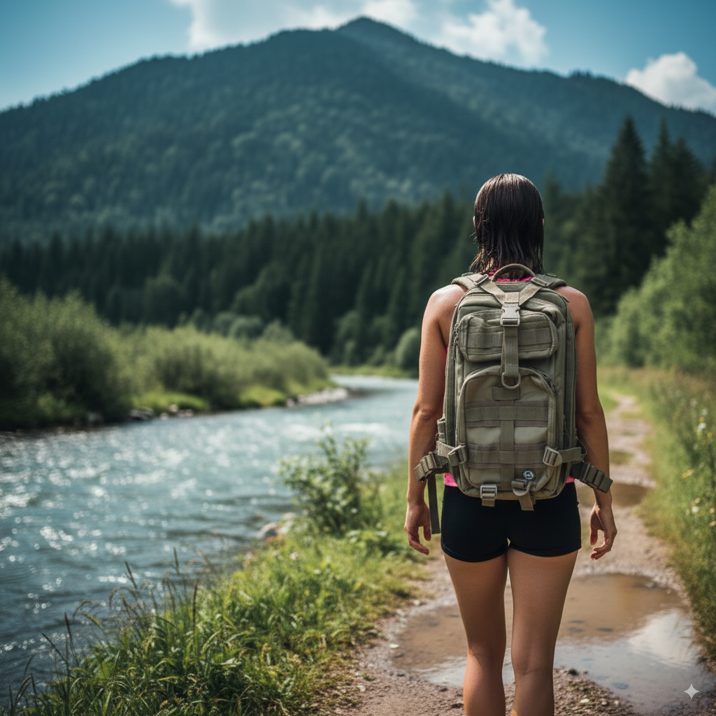 Person with a backpack walking along a path by a river with mountains in the background