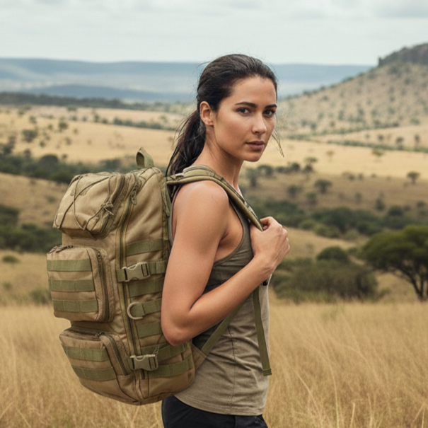 Woman with a large backpack in a savannah landscape