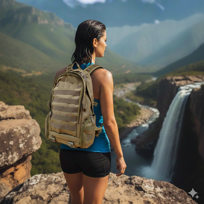 Person with a khaki Double bag standing on a cliff overlooking a waterfall and mountains.