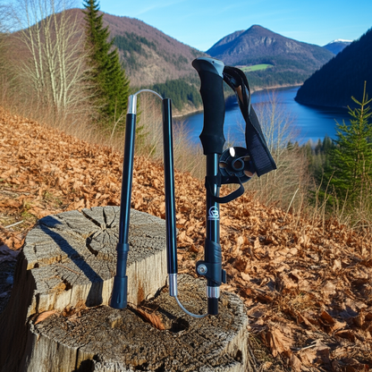 Black hiking poles on a wooden stump with a scenic mountain and lake background.