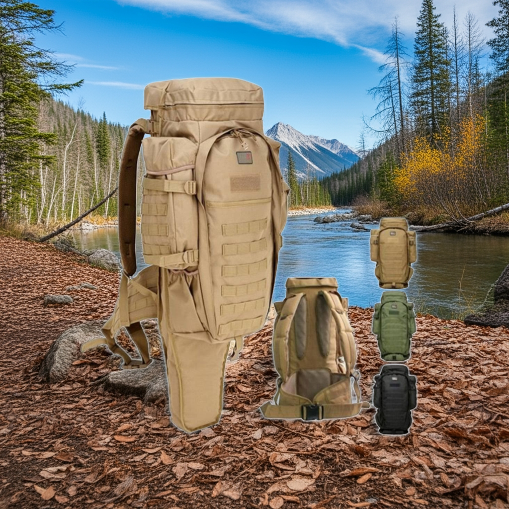 Tan backpack with multiple views against a natural landscape with trees and a river.