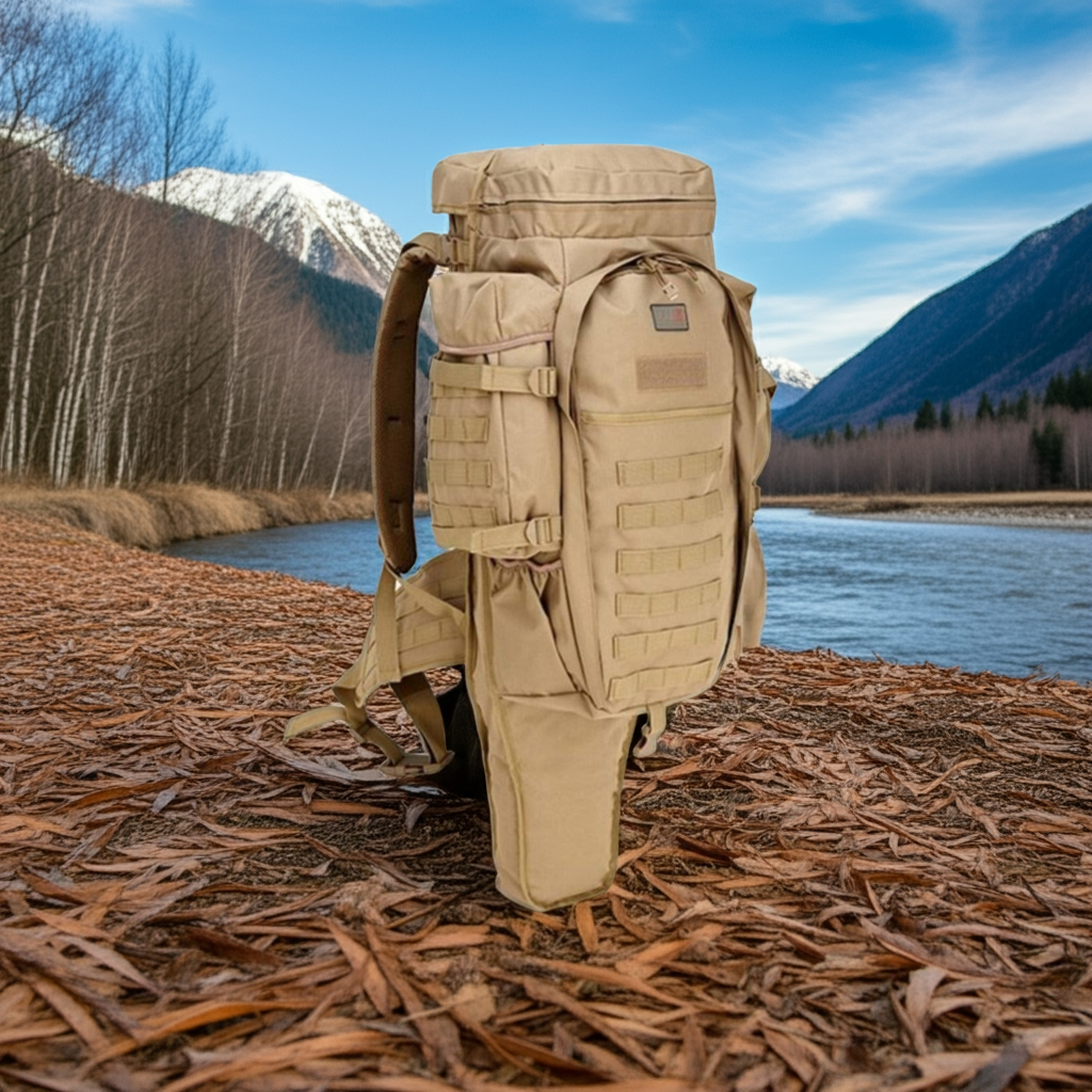 Tan backpack on a forest floor with mountains and river in the background