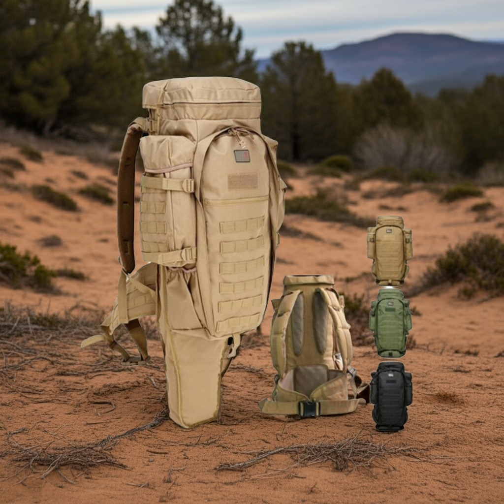 Set of tactical backpacks in a desert landscape