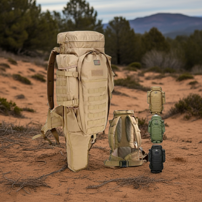 Set of tactical backpacks in a desert landscape