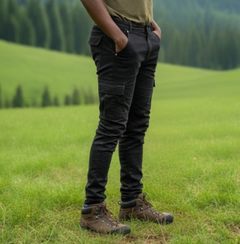Man wearing black 6 pocket jeans, standing in a grassy field with mountains in the background. 