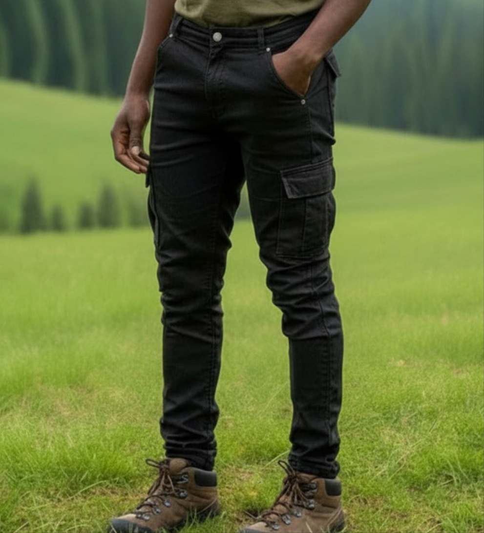 Man wearing black 6 pocket jeans, standing in a grassy field with mountains in the background. 
