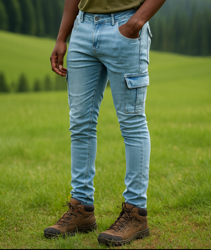 Person wearing light blue 6 pocket jeans pants and brown boots standing in a grassy field with trees in the background